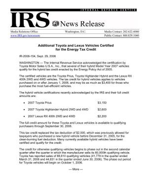 Additional Toyota and Lexus Vehicles Certified for the Energy Tax Credit