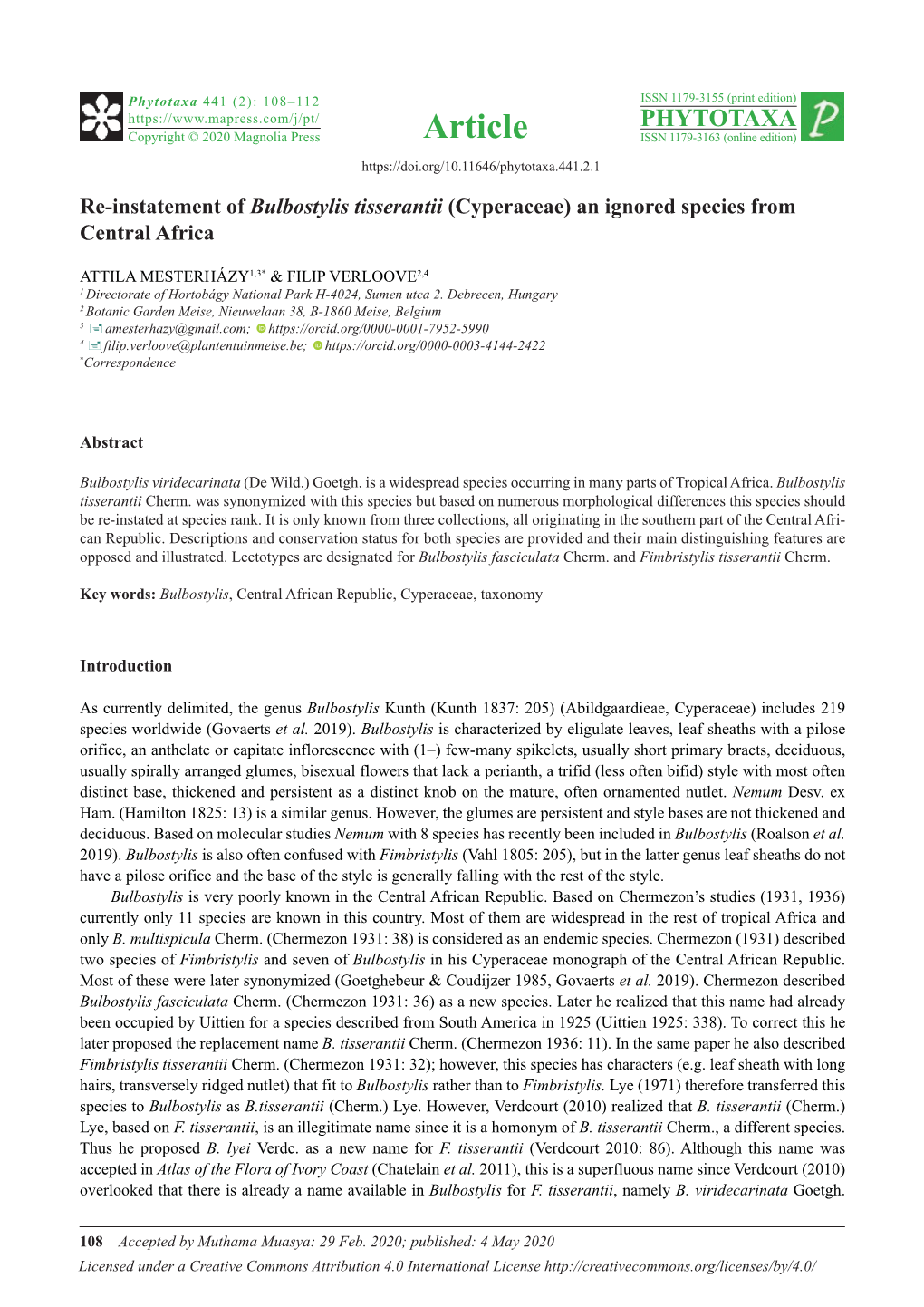 Re-Instatement of Bulbostylis Tisserantii (Cyperaceae) an Ignored Species from Central Africa