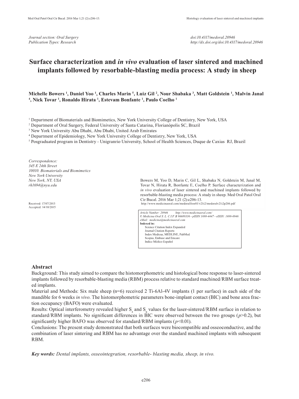 Surface Characterization and in Vivo Evaluation of Laser Sintered and Machined Implants Followed by Resorbable-Blasting Media Process: a Study in Sheep