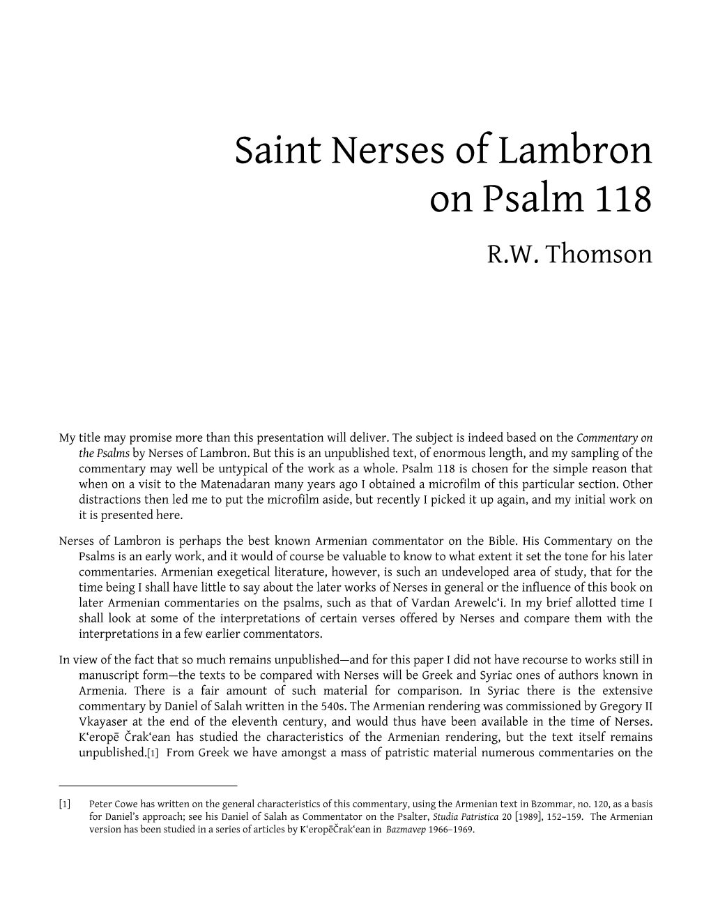 Saint Nerses of Lambron on Psalm 118 R.W