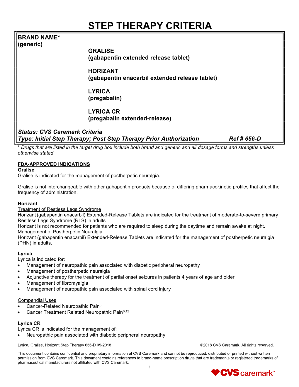 STEP THERAPY CRITERIA BRAND NAME* (Generic) GRALISE (Gabapentin Extended Release Tablet)