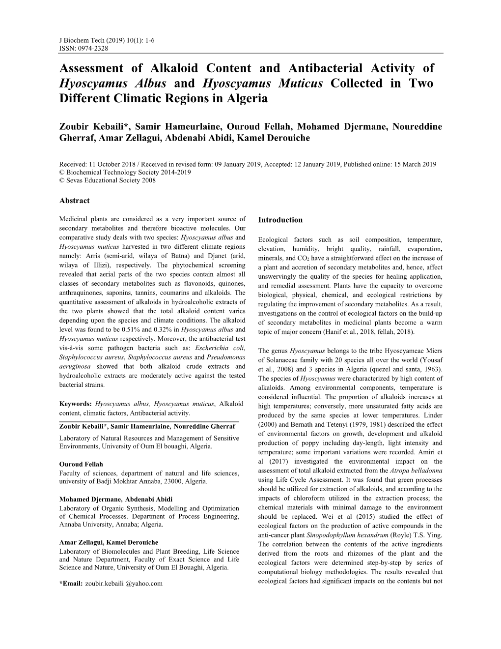 Assessment of Alkaloid Content and Antibacterial Activity of Hyoscyamus Albus and Hyoscyamus Muticus Collected in Two Different Climatic Regions in Algeria