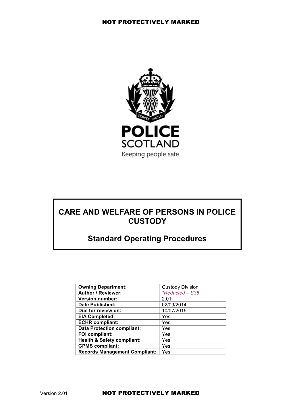 CARE and WELFARE of PERSONS in POLICE CUSTODY Standard