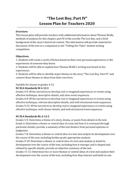 “The Lost Boy, Part IV” Lesson Plan for Teachers 2020