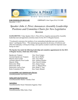 Speaker John A. Pérez Announces Assembly Leadership Positions and Committee Chairs for New Legislative Session