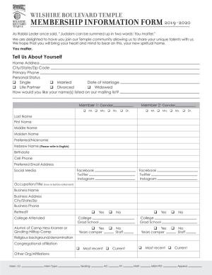 Wilshire Boulevard Temple Membership Information Form 2019-2020