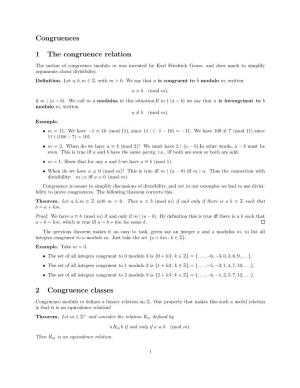 Congruences 1 the Congruence Relation 2 Congruence Classes