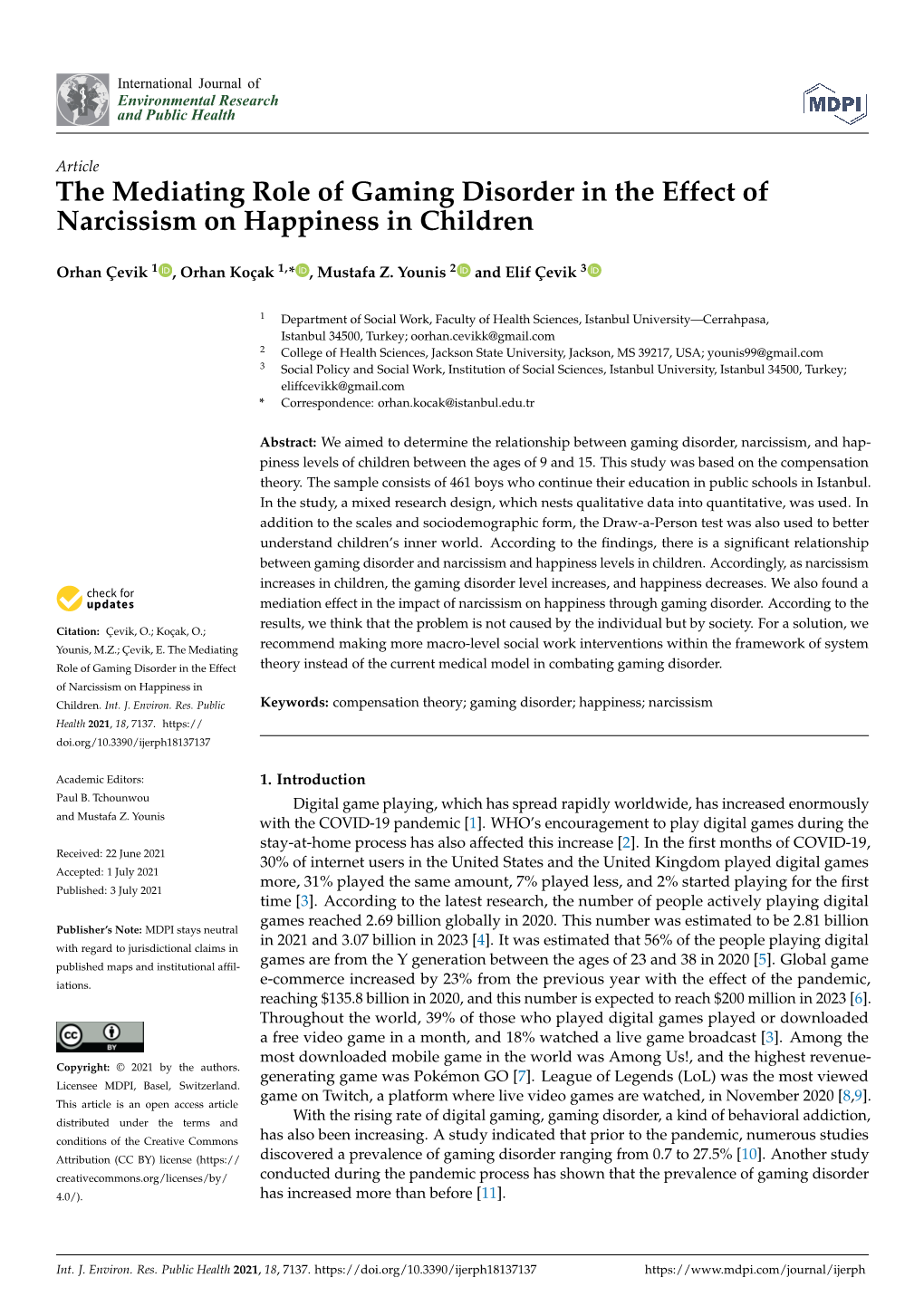 The Mediating Role of Gaming Disorder in the Effect of Narcissism on Happiness in Children