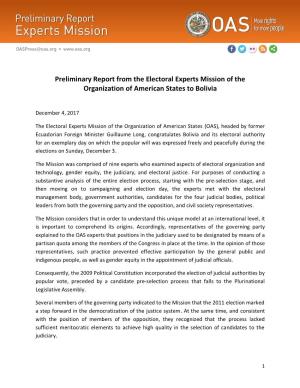 Preliminary Report from the Electoral Experts Mission of the Organization of American States to Bolivia