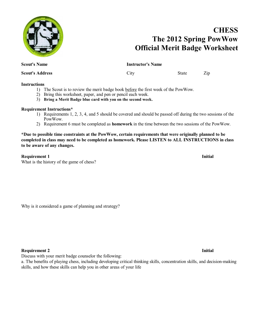 CHESS the 2012 Spring Powwow Official Merit Badge Worksheet