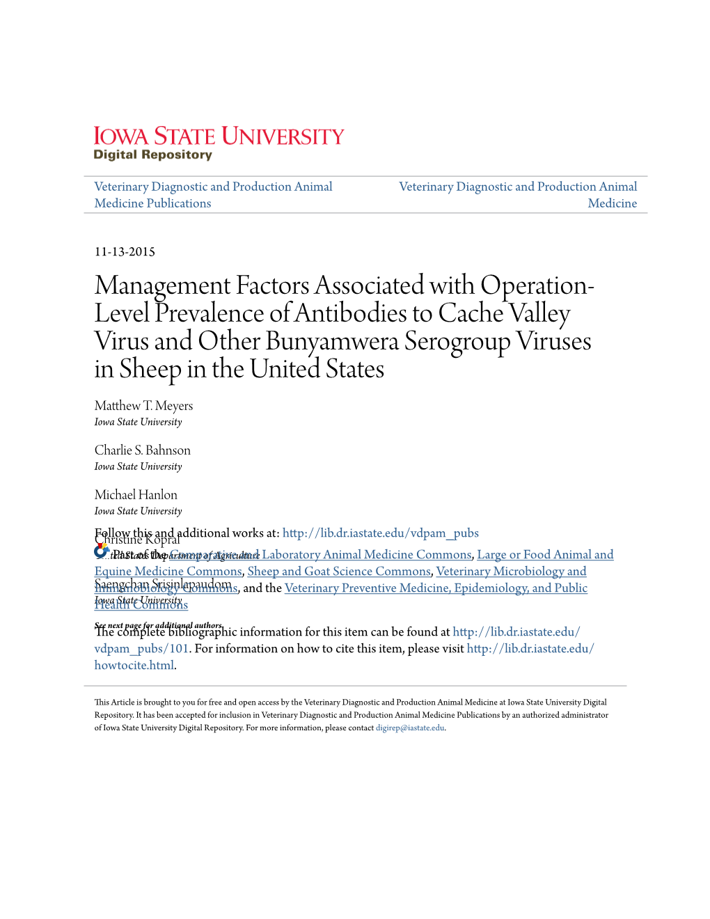 Management Factors Associated with Operation-Level Prevalence of Antibodies to Cache Valley Virus and Other Bunyamwera Serogroup Viruses in Sheep in the United States