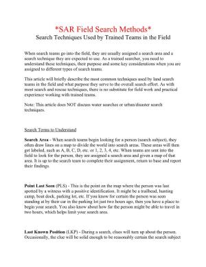 SAR Field Search Methods* Search Techniques Used by Trained Teams in the Field
