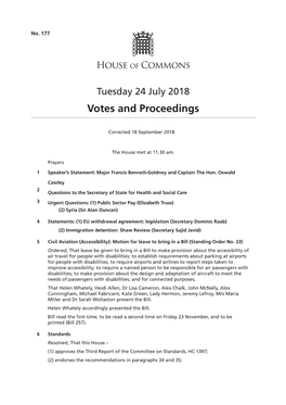 Votes and Proceedings for 24 Jul 2018
