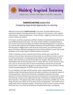 Inspired Learning! Lesson One Comparing Experiential Approaches to Learning