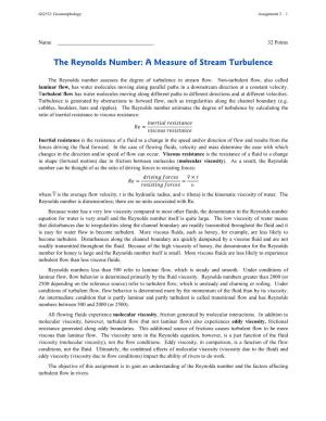 The Reynolds Number: a Measure of Stream Turbulence