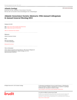 Atlantic Geoscience Society Abstracts: 39Th Annual Colloquium & Annual General Meeting 2013