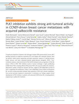 PLK1 Inhibition Exhibits Strong Anti-Tumoral Activity in CCND1-Driven Breast Cancer Metastases with Acquired Palbociclib Resistance