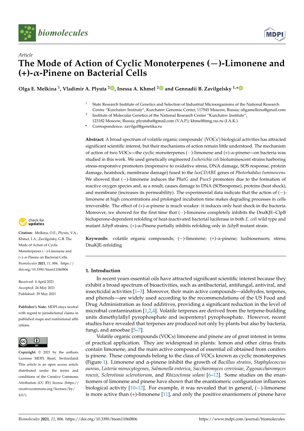 Limonene and (+)-Α-Pinene on Bacterial Cells