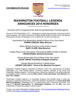 Washington Football Legends Announces 2014 Honorees