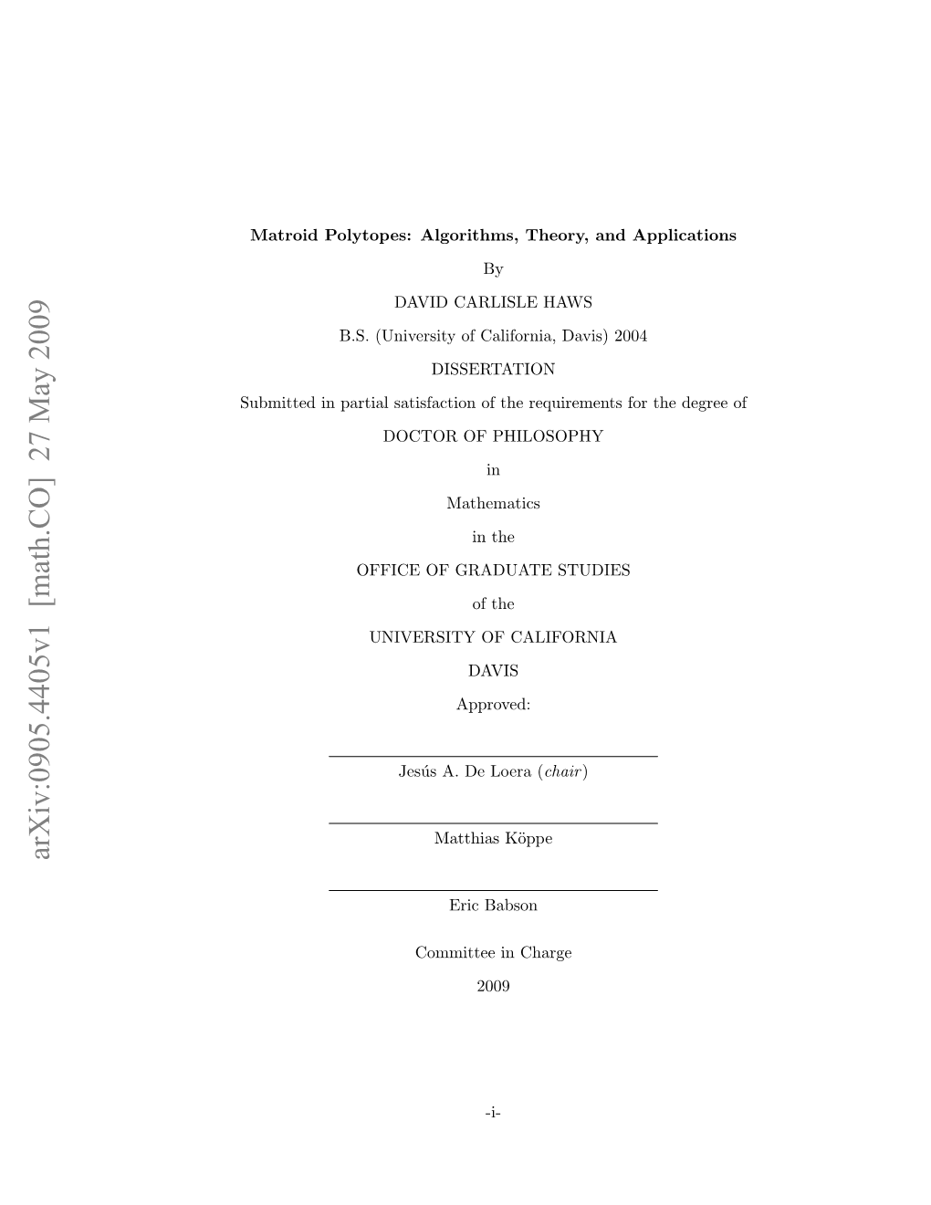 Arxiv:0905.4405V1 [Math.CO] 27 May 2009