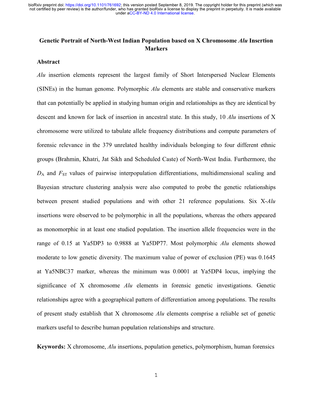 Genetic Portrait of North-West Indian Population Based on X Chromosome Alu Insertion Markers Abstract Alu Insertion Elements