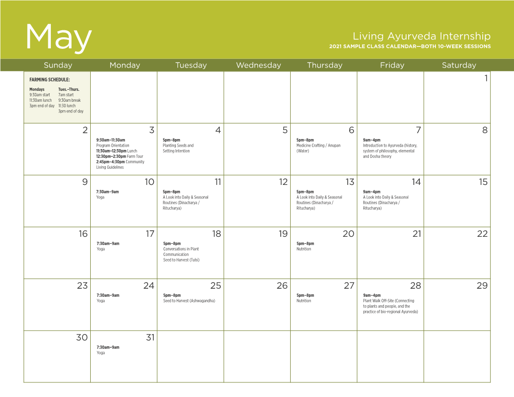 Living Ayurveda Internship Sample Class Calendar