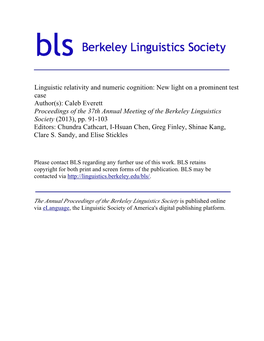 Caleb Everett Proceedings of the 37Th Annual Meeting of the Berkeley Linguistics Society (2013), Pp