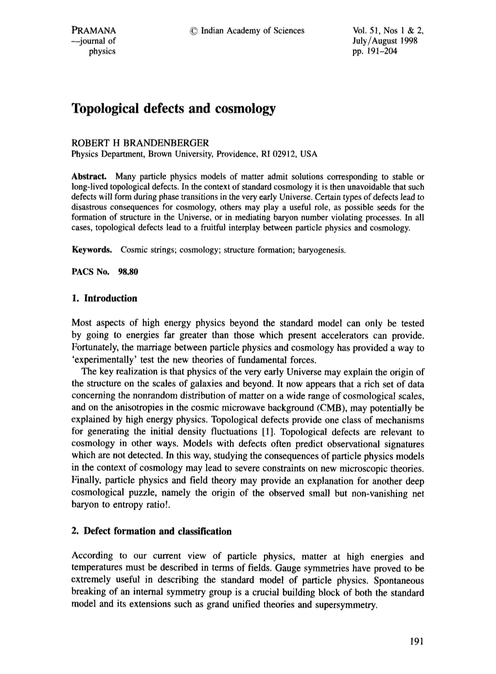 Topological Defects and Cosmology