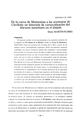 De La Cueva De Montesinos a Las Aventuras De Clavileno: Un Itinerario De Carnavalizacion Del Discurso Autoritario En El Quijote