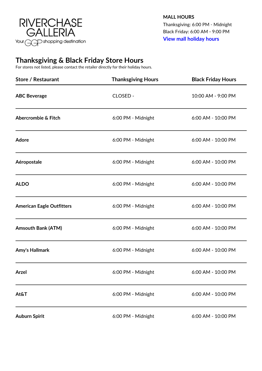 Thanksgiving & Black Friday Store Hours