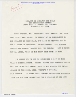 Remarks of Senator Bob Dole Gop Leadership Dinner Great Hall - Library of Congress November 20, 1986