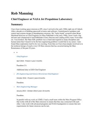 Rob Manning Chief Engineer at NASA Jet Propulsion Laboratory Summary