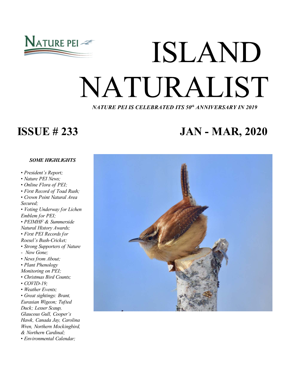 ISLAND NATURALIST NATURE PEI IS CELEBRATED ITS 50Th ANNIVERSARY in 2019
