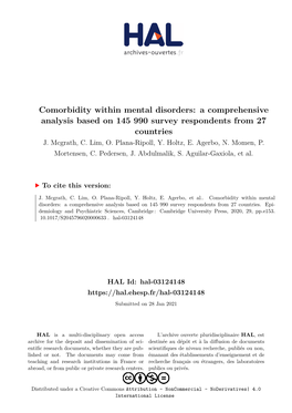 Comorbidity Within Mental Disorders: a Comprehensive Analysis Based on 145 990 Survey Respondents from 27 Countries J