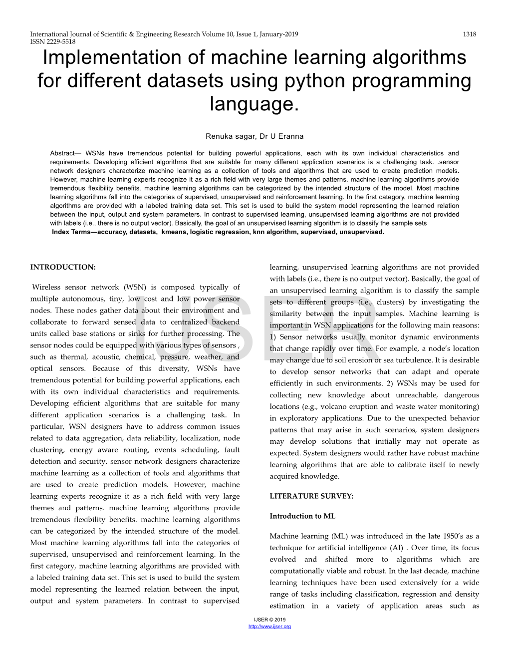 Implementation of Machine Learning Algorithms for Different Datasets Using Python Programming Language