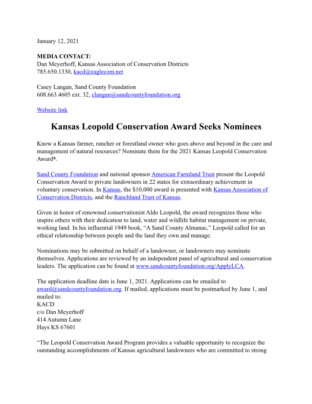 Leopold Conservation Award Release Call for Nominations 21