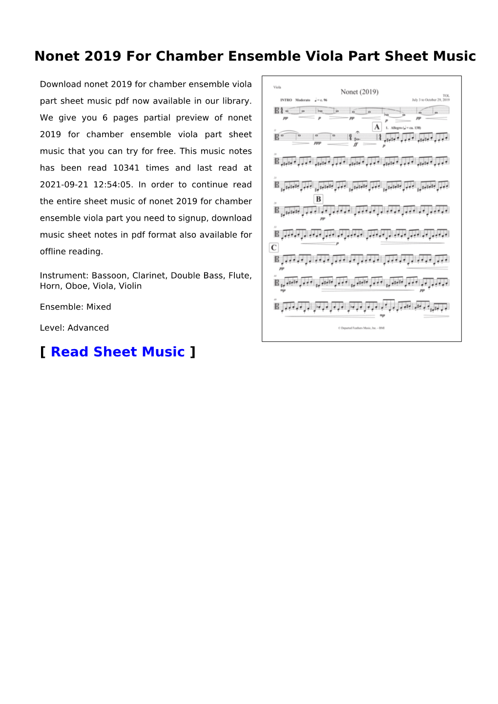 Nonet 2019 for Chamber Ensemble Viola Part Sheet Music