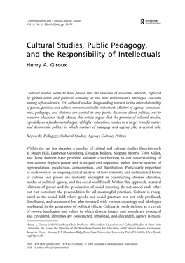 Cultural Studies, Public Pedagogy, and the Responsibility of Intellectuals