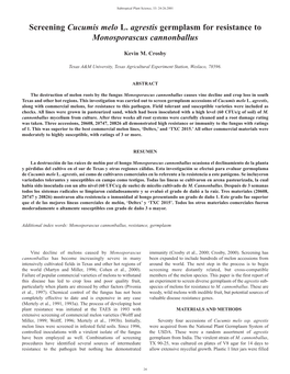 Screening Cucumis Melo L. Agrestis Germplasm for Resistance to Monosporascus Cannonballus