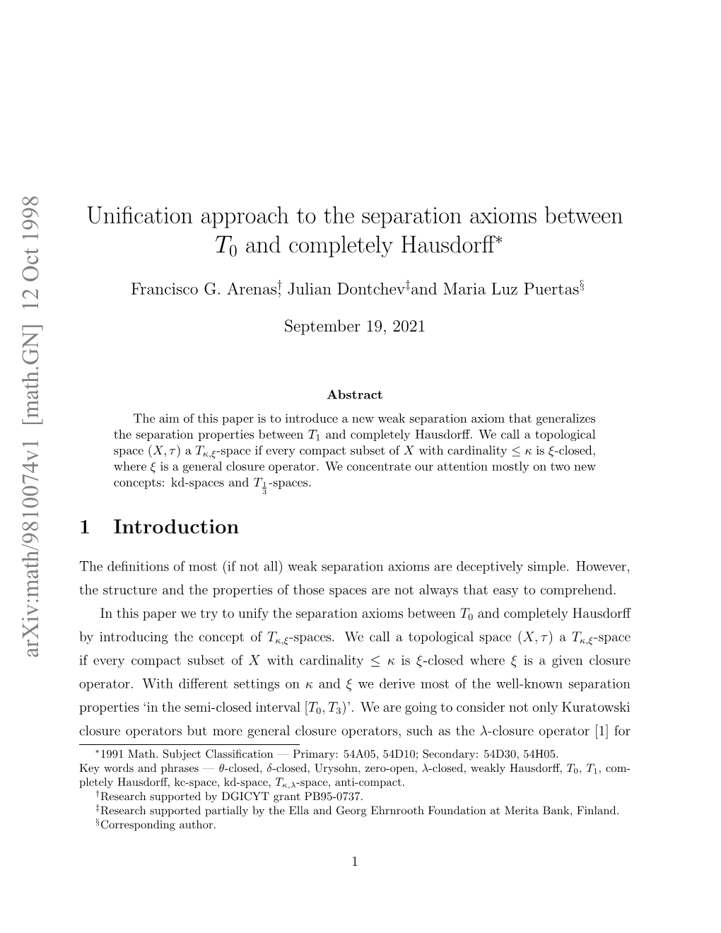 Arxiv:Math/9810074V1 [Math.GN] 12 Oct 1998