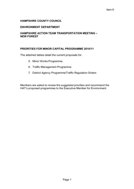 Item 6 Page 1 HAMPSHIRE COUNTY COUNCIL ENVIRONMENT DEPARTMENT HAMPSHIRE ACTION TEAM TRANSPORTATION MEETING – NEW FOREST PRIOR