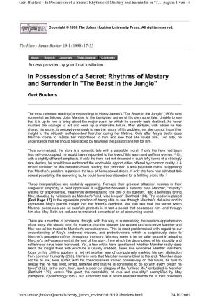 Rhythms of Mastery and Surrender in "The Beast in the Jungle"