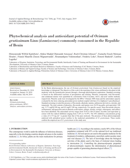 Phytochemical Analysis and Antioxidant Potential of Ocimum Gratissimum Linn (Lamiaceae) Commonly Consumed in the Republic of Benin