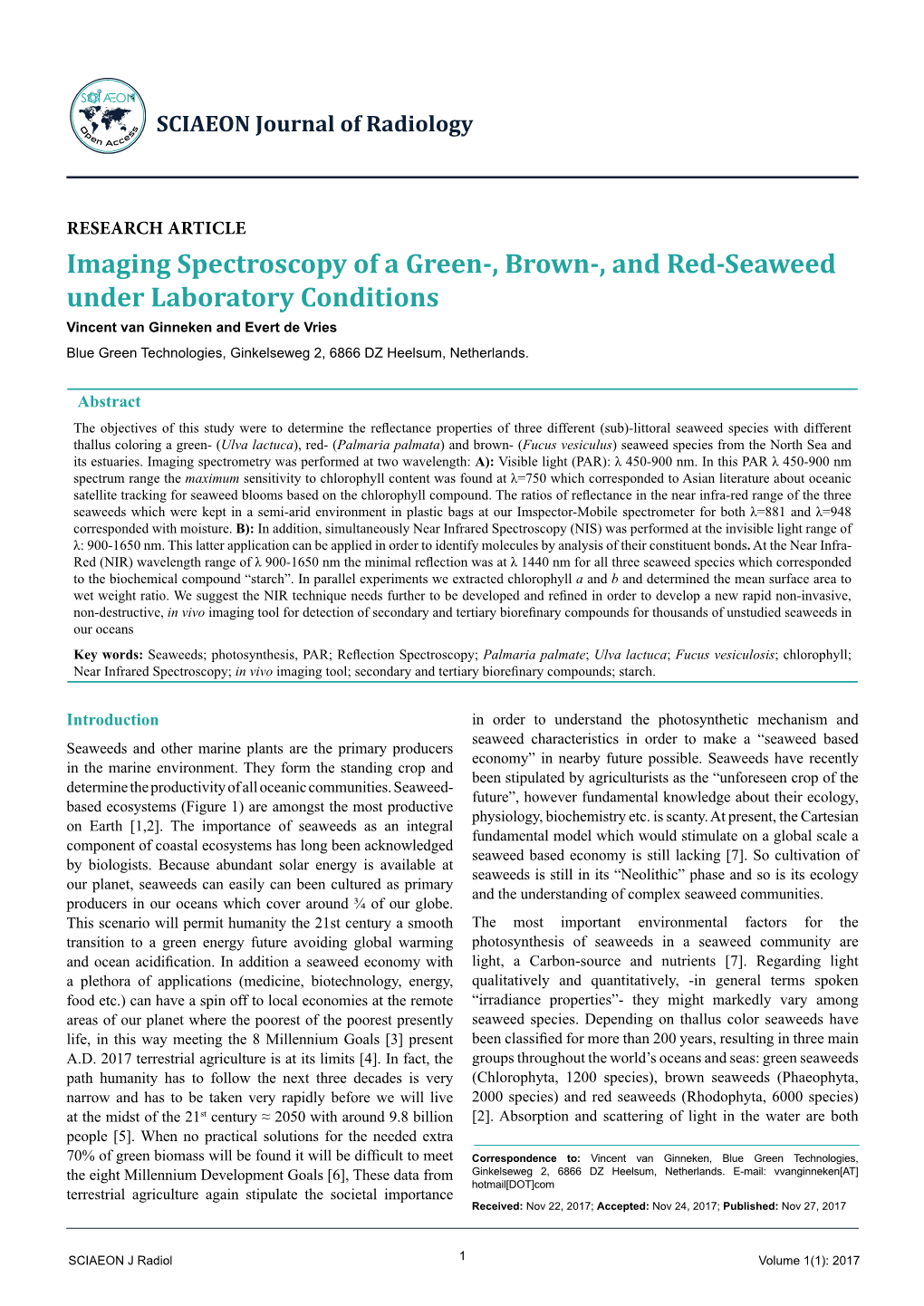 Imaging Spectroscopy of a Green-, Brown-, and Red-Seaweed Under