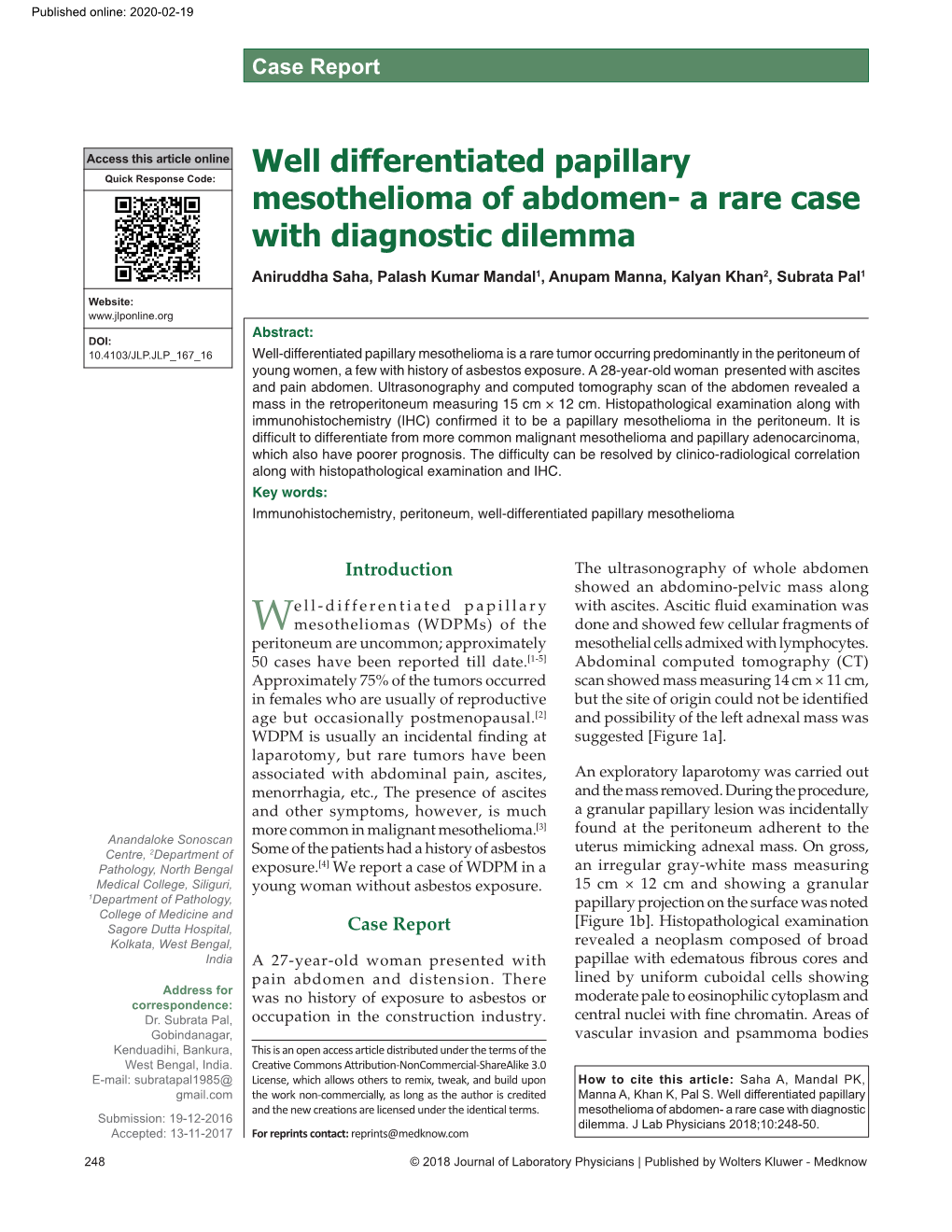 Well Differentiated Papillary Mesothelioma of Abdomen‑ a Rare Case with Diagnostic Dilemma