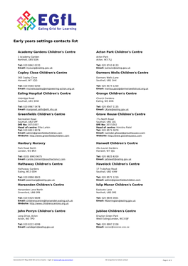 Early Years Settings Contacts List