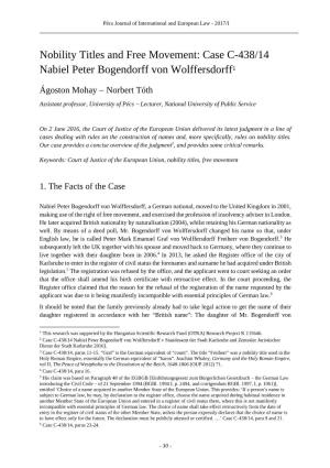 Nobility Titles and Free Movement: Case C-438/14 Nabiel Peter Bogendorff Von Wolffersdorff1
