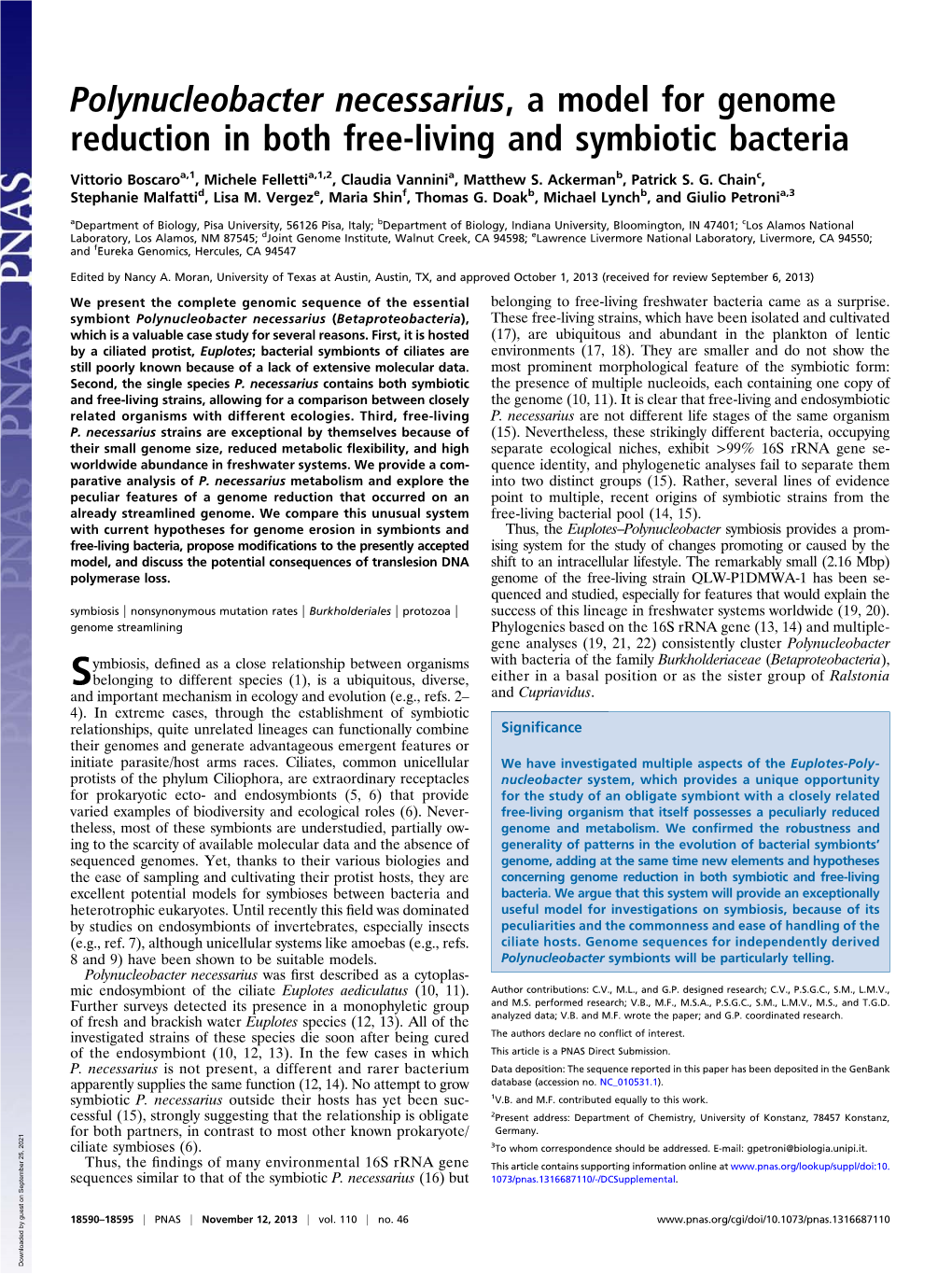 Polynucleobacter Necessarius, a Model for Genome Reduction in Both Free-Living and Symbiotic Bacteria