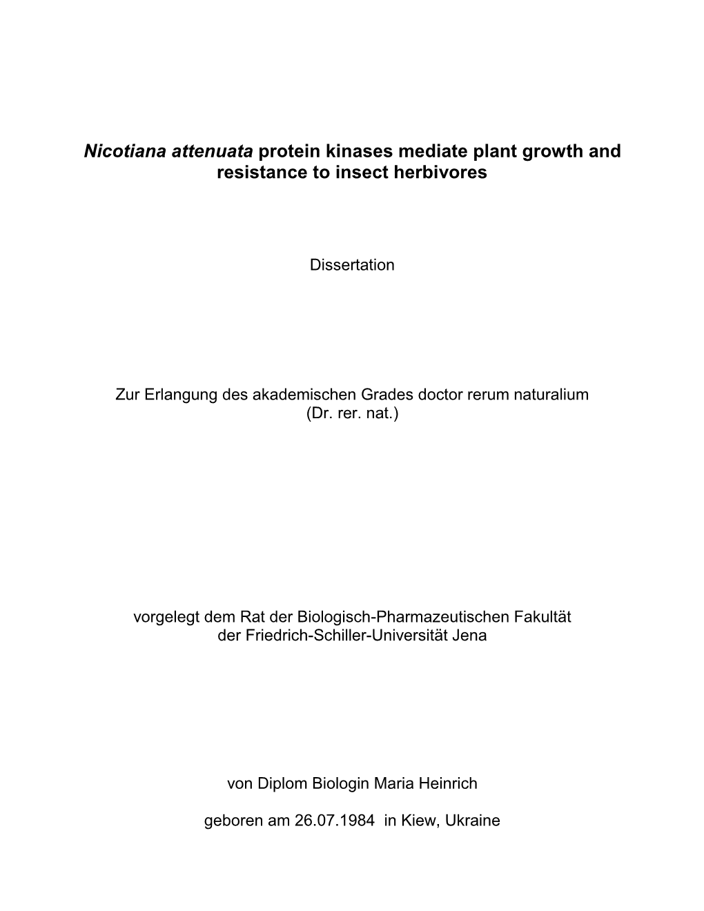 Nicotiana Attenuata Protein Kinases Mediate Plant Growth and Resistance to Insect Herbivores