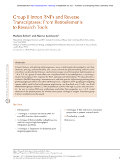 Group II Intron Rnps and Reverse Transcriptases: from Retroelements to Research Tools